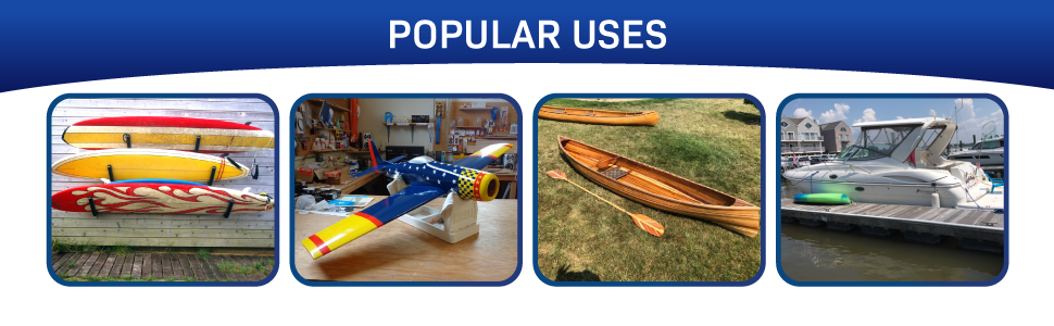 Image of surfboards, RC plane, cedar strip canoe and boat made with fiberglass.