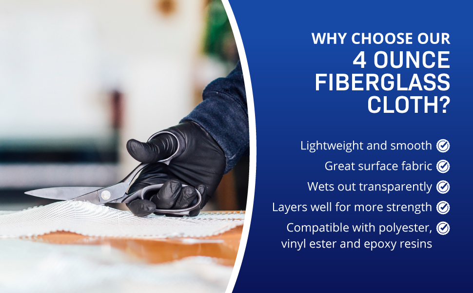 Gloved hand cutting white fiberglass with scissors next to text on features of fiberglass