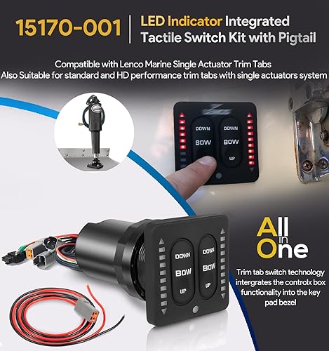 15170-001 LED Indicator Integrated Tactile Trim Tab Switch Kit w/ 36' Pigtail, Replacement Part for Lenco Marine Single Actuator Systems - Poueer
