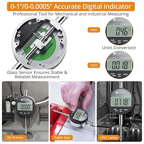 Neoteck 1'/25.4mm (0.0005'/0.01mm) Digital Indicator Set Dial Indicator and Magnetic Base Set with Storage Case, Ideal for 3D Printer Lathe Workshop CNC Machine Table Saw-90lbs(40kg) Max Pull-Black - Poueer