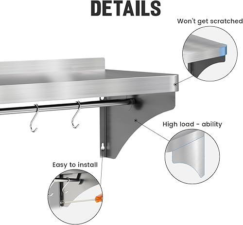 12'x24' Stainless Steel Shelf, Stainless Metal Steel Shelf Wall Mounted with 6 Hooks for Restaurant, Bar, Utility Room and Garage - Poueer