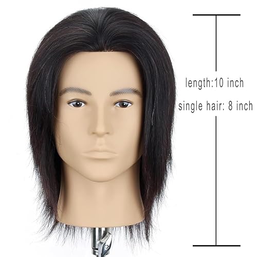 HAIRWAY Male Mannequin Head Human Hair 8 Inch Hairdresser Practice Mannequin Head with 100% Real Human Hair Cosmetology Styling Training Manikin Doll Head with Table Stand Clamp (Natural Black) - Poueer