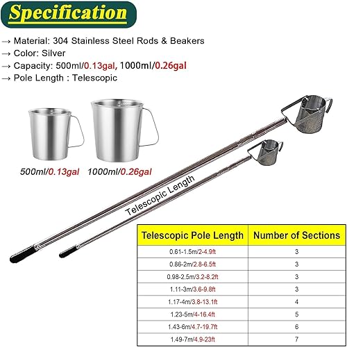 Water Sampling Dipper Long Handle Telescopic, Stainless Steel Water Sample Collection Pole with Graduated Cup, Reservoir/Pond/River Portable Pendulum Beaker Sampler Cup, Extend to 23 20 16 12 8 5 2ft( - Poueer