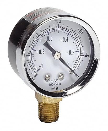 Gast AA640 Vacuum Gauge, Bottom Mount Mounting, 1/4 NPT, 2', 0-30 in/Hg - Poueer
