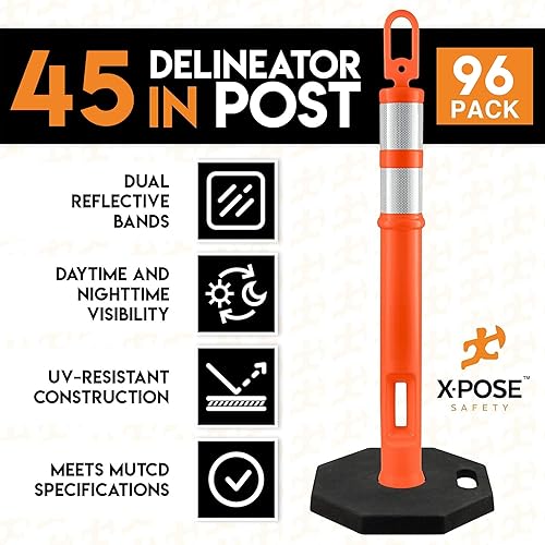 Xpose Safety 45' Blue Delineator Posts with Base, 3-Pack – Ring Top, 10' Reflective Band, 13 lb Rubber Base – Traffic, Parking, Construction, Events - Poueer