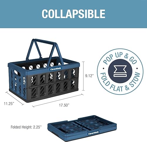 CleverMade Collapsible Shopping Basket, Ocean, 3PK - 24L (6 Gal) Reusable Plastic Grocery Shopping Baskets, Holds 25lbs Per Basket - Small Foldable Storage Crates with Handles - Poueer