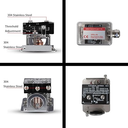 Oil Water Flow Control Switch, AC 15-250V 1/2''/DN15 Adjustable Automatic Water Pressure Sensor with 3 Paddles & SPDT Output - Poueer