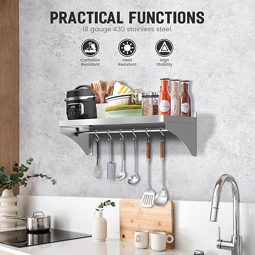 12'x24' Stainless Steel Shelf, Stainless Metal Steel Shelf Wall Mounted with 6 Hooks for Restaurant, Bar, Utility Room and Garage - Poueer
