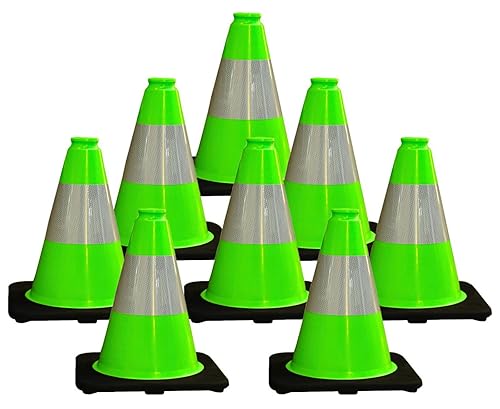 6 Pack 36'' Green PVC Traffic Cones Road Construction Cones with Black Base and Reflective Stripes Safety Cones for Parking Lots Driveways Construction Areas and Traffic Control - Poueer