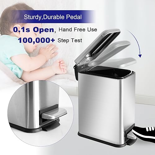 12 Gallon Trash Can, Stainless Steel Trash Can with Fingerprint-Resistant, Removal Inner Buck &Soft Close Plastic Lid, Step Garbage Can for Kitchen and Office, 45 Liter Capacity - Poueer