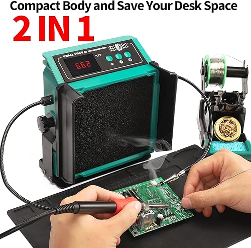 YIHUA 948DQ-III 2-IN-1 Solder Fume Extractor Fan 110W Soldering Station Kit Smoke Absorber Tiltable Angle Temp Display w Helping Hands Iron Holder Extra 3 Iron Tips 8 Filters 35g Lead-Free Solder Wire - Poueer