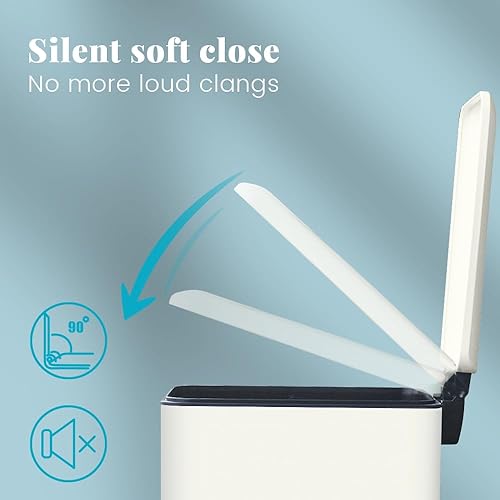 12 Gallon Trash Can, Stainless Steel Trash Can with Fingerprint-Resistant, Removal Inner Buck &Soft Close Plastic Lid, Step Garbage Can for Kitchen and Office, 45 Liter Capacity - Poueer