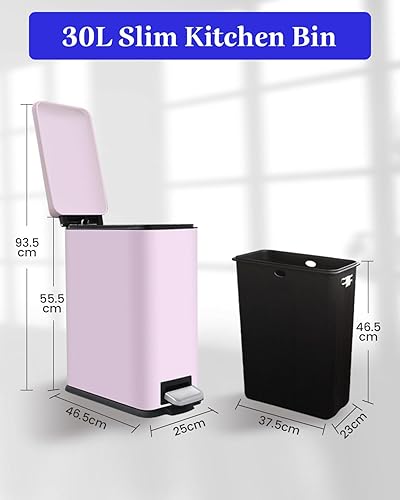 12 Gallon Trash Can, Stainless Steel Trash Can with Fingerprint-Resistant, Removal Inner Buck &Soft Close Plastic Lid, Step Garbage Can for Kitchen and Office, 45 Liter Capacity - Poueer