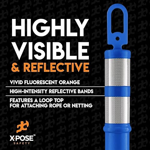 Xpose Safety 45' Blue Delineator Posts with Base, 3-Pack – Ring Top, 10' Reflective Band, 13 lb Rubber Base – Traffic, Parking, Construction, Events - Poueer