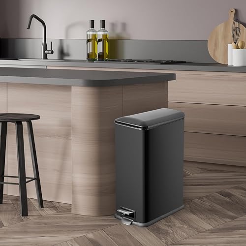 12 Gallon Trash Can, Stainless Steel Trash Can with Fingerprint-Resistant, Removal Inner Buck &Soft Close Plastic Lid, Step Garbage Can for Kitchen and Office, 45 Liter Capacity - Poueer