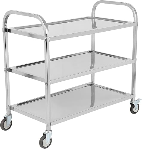 FAHKNS Stainless Steel Cart, 37.2' L X 19.2' W X 36.4' H 3 Layers Stainless Steel with Wheels, 330 LBS Weight Capacity, Rolling Cart with Lockable Universal Wheels, for Kitchen, Lab, Clinic, Salon - Poueer