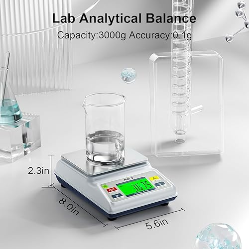 Analytical Balance Lab Scale 3000g x 0.1g, Compact Industrial & Laboratory Scale with Tare/Counting Functions, 5 Units, Dual Charging (Battery/USB) - Scientific Scale for Labs & Factories - Poueer