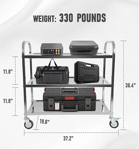 FAHKNS Stainless Steel Cart, 37.2' L X 19.2' W X 36.4' H 3 Layers Stainless Steel with Wheels, 330 LBS Weight Capacity, Rolling Cart with Lockable Universal Wheels, for Kitchen, Lab, Clinic, Salon - Poueer