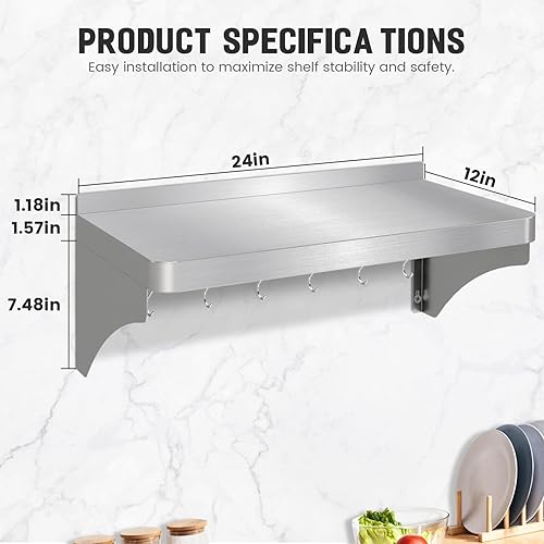12'x24' Stainless Steel Shelf, Stainless Metal Steel Shelf Wall Mounted with 6 Hooks for Restaurant, Bar, Utility Room and Garage - Poueer