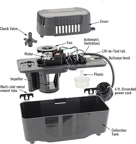 Beckett BK171UL Condensate Pump with Safety Switch, 115V, 17 ft Max Lift, 112 GPH, Automatic On/Off Operation, Black - Poueer