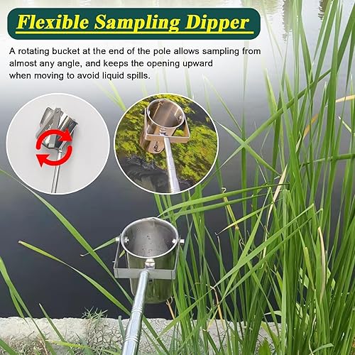 Water Sampling Dipper Long Handle Telescopic, Stainless Steel Water Sample Collection Pole with Graduated Cup, Reservoir/Pond/River Portable Pendulum Beaker Sampler Cup, Extend to 23 20 16 12 8 5 2ft( - Poueer