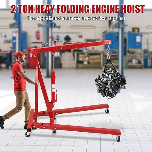 Engine Hoist with Lever, 2 Ton 4409lb Heavy Duty Folding Shop Crane with 6 Casters Cherry Picker Shop Crane Hoist Lift, Engine Lift Lever for Engine Lift Loading(Sent in 2 packages, red) - Poueer