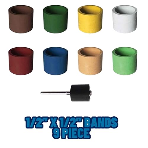 Dedeco Sunburst - 1/2” x 1/2” Bands - Precision Cylinder Thermoplastic Rotary Sanding and Polishing Tool Set, Assorted: 1 Each 8 Grit Textures Plus 1835 Mandrel (9 Piece) - Poueer