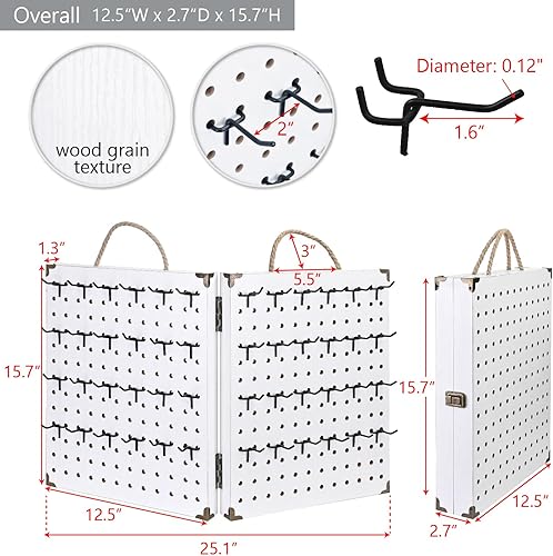 MOOCA Wooden Foldable and Portable 2 Panel Pegboard Jewelry Display Organizer with 48 Removable Black Metal Hooks & Convenient Rope Handle for Easy Carrying, Dual-Sided Panels for Hanging, Brown Color - Poueer