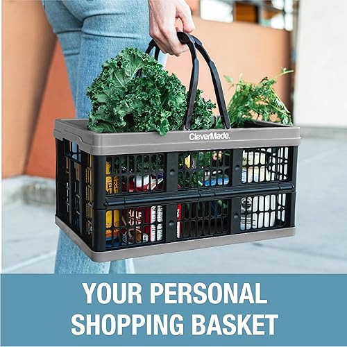 CleverMade Collapsible Shopping Basket, Ocean, 3PK - 24L (6 Gal) Reusable Plastic Grocery Shopping Baskets, Holds 25lbs Per Basket - Small Foldable Storage Crates with Handles - Poueer