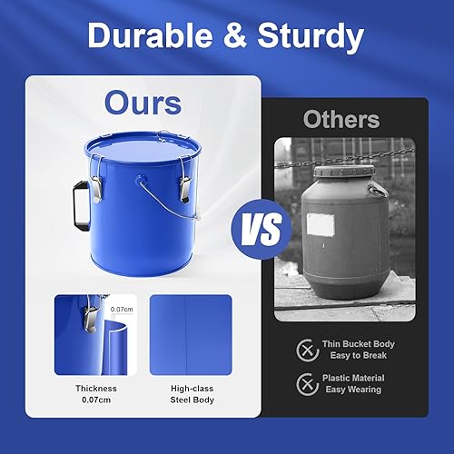 6 Gal Fryer Grease Bucket, Commercial Fryer Oil Transport Bucket with Lid, Steel Oil Disposal Caddy with Anti-Rust Coating, Handle, Lock Clips for Hot Cooking Oil Filtering (Blue) - Poueer