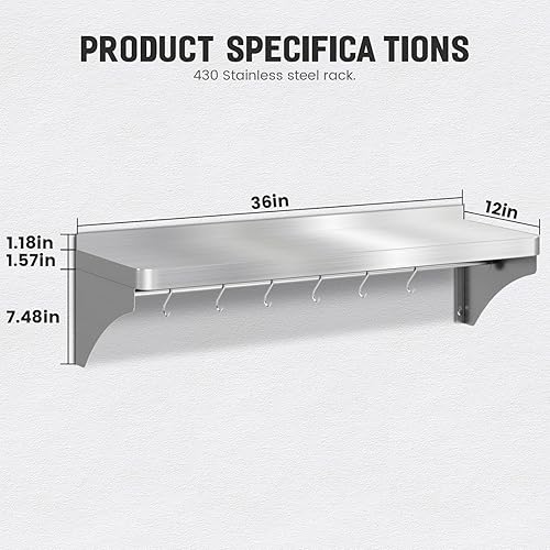 12'x24' Stainless Steel Shelf, Stainless Metal Steel Shelf Wall Mounted with 6 Hooks for Restaurant, Bar, Utility Room and Garage - Poueer