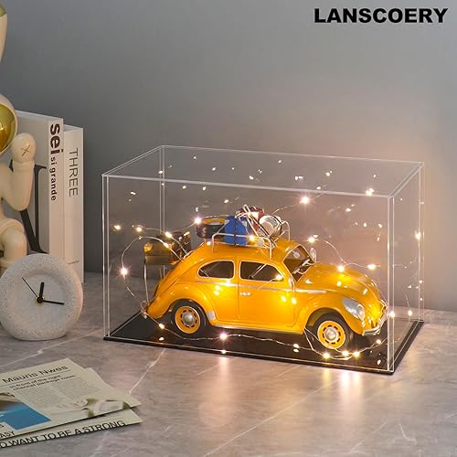 LANSCOERY Acrylic Display Case, Assemble Showcase Display Box for Collectibles, with Dustproof & Seamless Display Design, 15.7x9.8x13.8inch Thick Black Base - Poueer