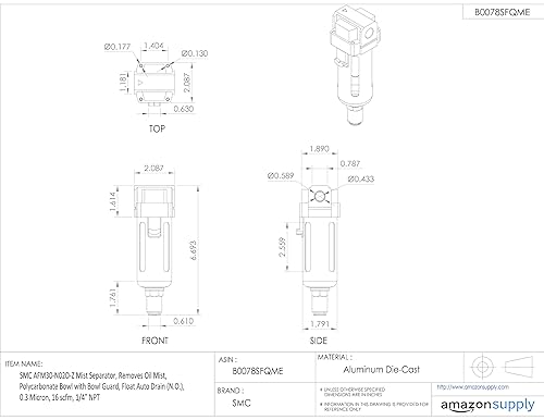 AFM30-N02D-Z Mist Separator, Removes Oil Mist, Polycarbonate Bowl with Bowl Guard, Float Auto Drain (N.O.), 0.3 Micron, 16 scfm, 1/4' NPT - Poueer