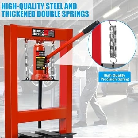 6 Ton Hydraulic Press, H-Frame Garage Floor Adjustable Shop Press with Built-in Relief Valve Pressure Gauge, Hydraulic Shop Press to Bend Straighten Press Parts Install Bearings U-Joints, Red - Poueer