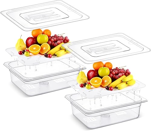 Zhehao 2 Pack PET Food Pans Set 4'' Deep Clear Hotel Pans with Lids and Drain Shelf Food Storage Container for Kitchen Fruit Vegetable Restaurant Supplies(Full Size, 20.8 x 12.8 Inch) - Poueer