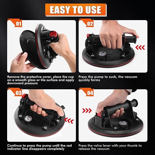 8' Heavy Duty Suction Cups with Pressure Gauge, Glass Suction Cups to Lift Large Glass, 2 Pack 880 lbs Load Capacity, Suction Cups with Carrying Case for Window,Tiles, Windshield - Poueer