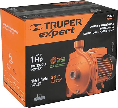 Truper Electric Centrifugal Water Pump 1 HP - Domestic, Brass, 116 L/min Flow, 36m Height, 11.9kg - Poueer