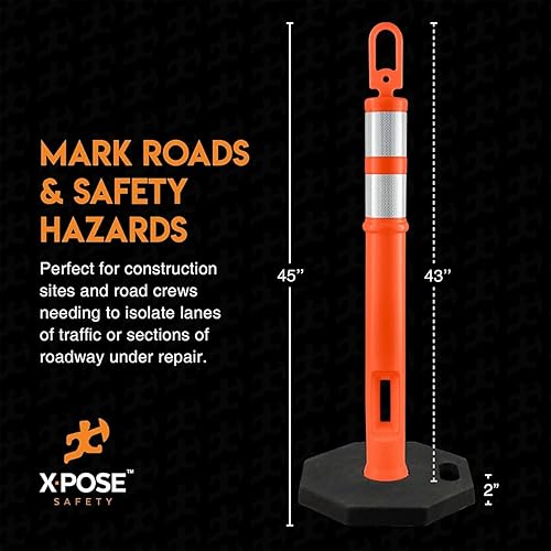 Xpose Safety 45' Blue Delineator Posts with Base, 3-Pack – Ring Top, 10' Reflective Band, 13 lb Rubber Base – Traffic, Parking, Construction, Events - Poueer
