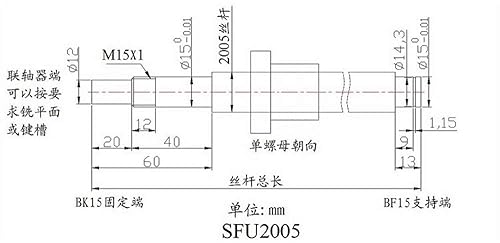 TEN-HIGH Ball Screw CNC Parts SFU2005 NSC, 1pcs Ball Screw + 1pcs Nut + 1pcs BK/BF15 End Support Units + 1pcs Coupler + End Machining, Diameter 20mm Lead 5mm Length 600mm - Poueer