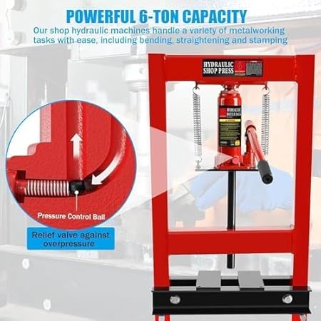 6 Ton Hydraulic Press, H-Frame Garage Floor Adjustable Shop Press with Built-in Relief Valve Pressure Gauge, Hydraulic Shop Press to Bend Straighten Press Parts Install Bearings U-Joints, Red - Poueer