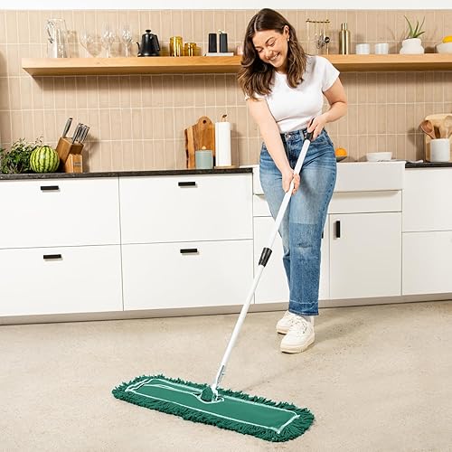Commercial Dust Mop & Floor Sweeper, 24 in. Dust Mop for Hardwood Floors, Reusable Dust Mop Head, Extendable Mop Handle, Industrial Dry Mop for Floor Cleaning & Janitorial Supplies, Green - Poueer