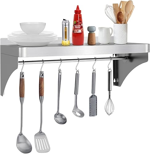 12'x24' Stainless Steel Shelf, Stainless Metal Steel Shelf Wall Mounted with 6 Hooks for Restaurant, Bar, Utility Room and Garage - Poueer