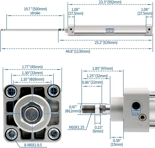 Baomain Pneumatic Air Cylinder SC 32 x 500 PT 1/8, Bore: 1 1/4 inch, Stroke: 20 inch, Screwed Piston Rod Dual Action 1 Mpa - Poueer