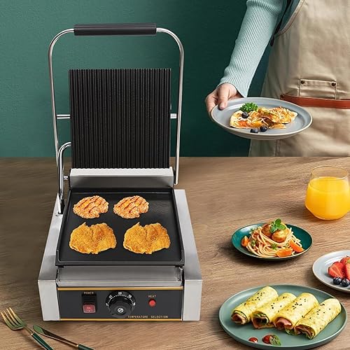 Panini Press Grill, Commercial Sandwich Maker, Electric Stainless Steel Sandwich Maker for Hamburgers/Steaks & Bacons (1800W) - Poueer