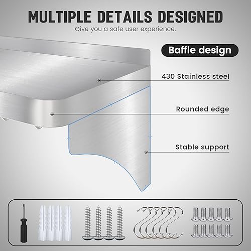 12'x24' Stainless Steel Shelf, Stainless Metal Steel Shelf Wall Mounted with 6 Hooks for Restaurant, Bar, Utility Room and Garage - Poueer