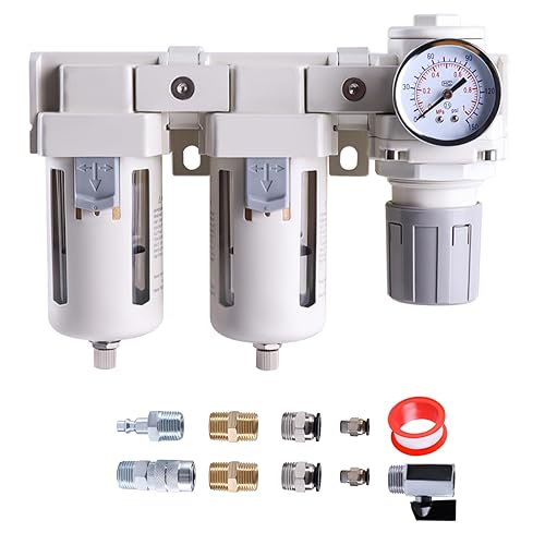 DFR-03 3/8 Inch NPT Air Drying System Double Air Filters AF3000+AF3000+AR3000-03, Air Pressure Regulator Combo, Semi-Auto Drain, Poly Bowl, 0-150 PSI Gauge - Poueer
