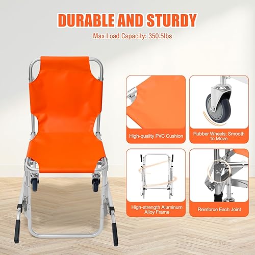 Portable Stair Stretcher Chair, Two-Wheeled Elderly Stair Chairs with Safety Belt, Foldable EMS Stair Chair Outdoor Transportation Stair Chair Lift for Home Use, Load 350LB - Poueer
