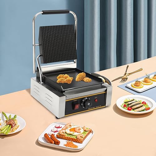 Panini Press Grill, Commercial Sandwich Maker, Electric Stainless Steel Sandwich Maker for Hamburgers/Steaks & Bacons (1800W) - Poueer