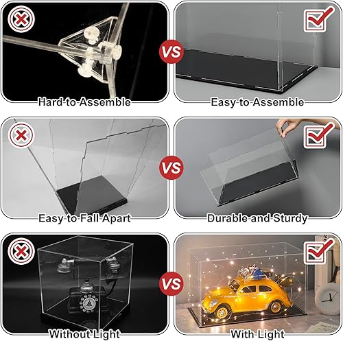 LANSCOERY Acrylic Display Case, Assemble Showcase Display Box for Collectibles, with Dustproof & Seamless Display Design, 15.7x9.8x13.8inch Thick Black Base - Poueer