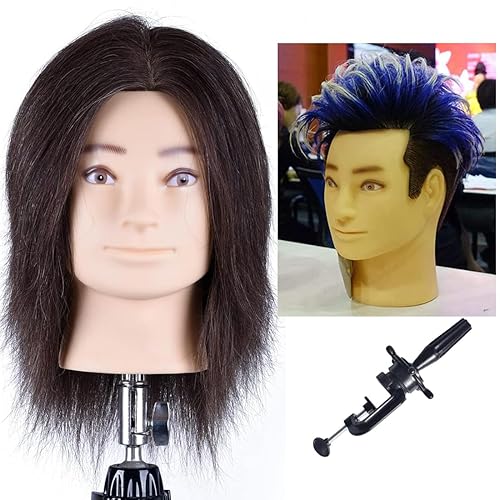 HAIRWAY Male Mannequin Head Human Hair 8 Inch Hairdresser Practice Mannequin Head with 100% Real Human Hair Cosmetology Styling Training Manikin Doll Head with Table Stand Clamp (Natural Black) - Poueer